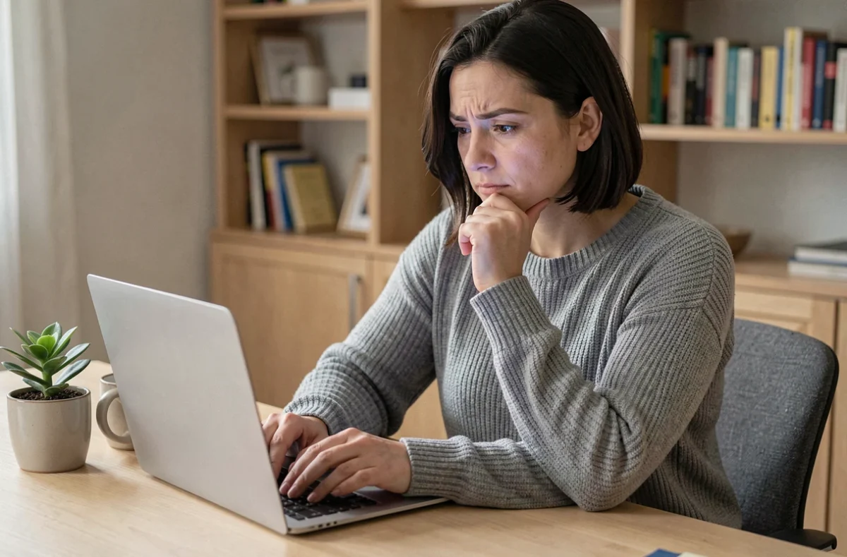 Femme consultant le blog Medicys sur un ordinateur portable depuis son bureau à domicile, l'air pensif et attentif