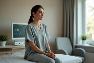 Femme assise sur une table d'examen gynécologique avec une expression préoccupée, illustrant les kystes aux ovaires et la consultation médicale