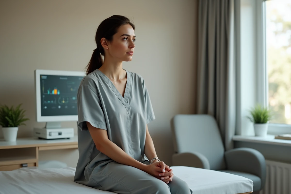 Femme assise sur une table d'examen gynécologique avec une expression préoccupée, illustrant les kystes aux ovaires et la consultation médicale