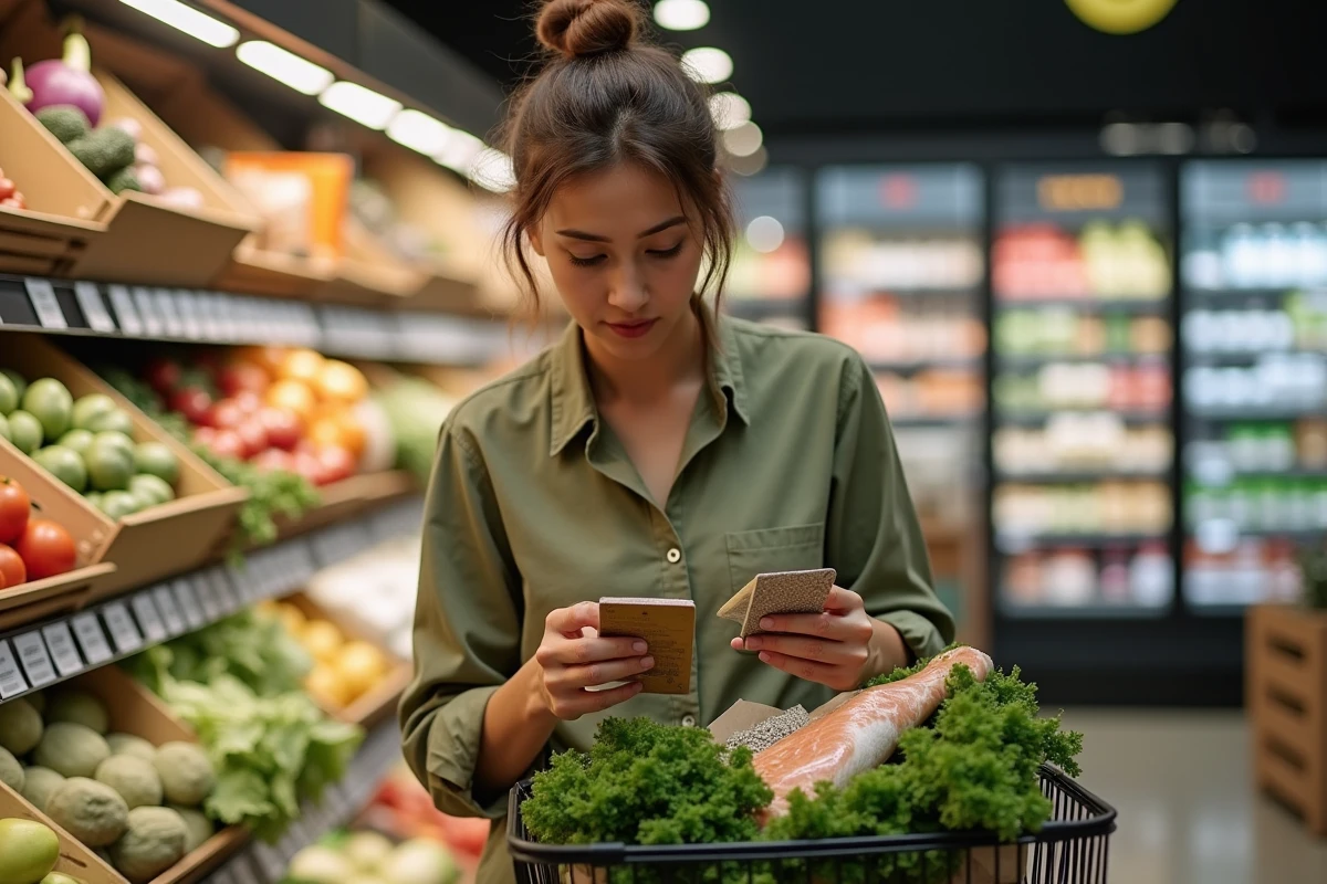 Jeune femme lisant l'étiquette de graines de chia dans un supermarché avec un panier contenant du saumon et du kale