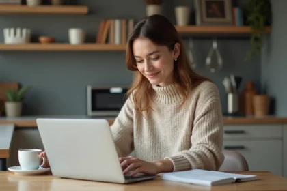 Jeune femme curieuse utilisant son ordinateur portable à la maison