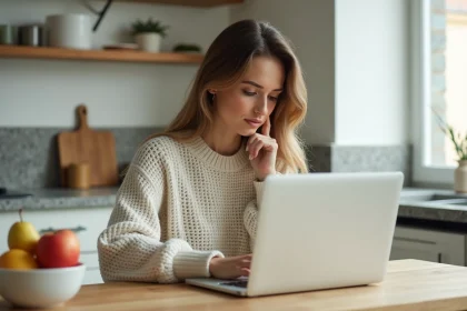 Femme assise à la cuisine en train de consulter un site nutritionnel