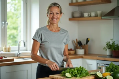 Femme en surpoids préparant une salade saine dans sa cuisine pour réduire les transaminases naturellement