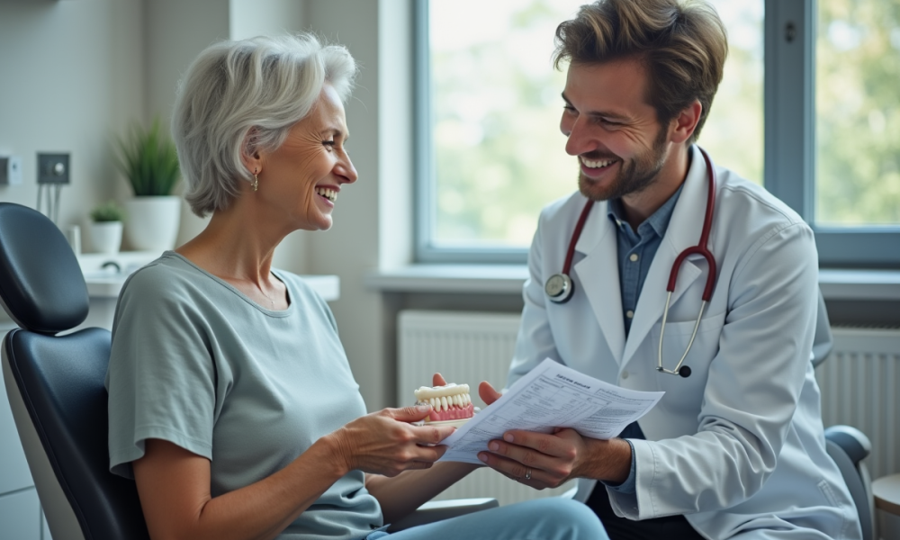 Femme souriante dans une clinique dentaire moderne avec un implant
