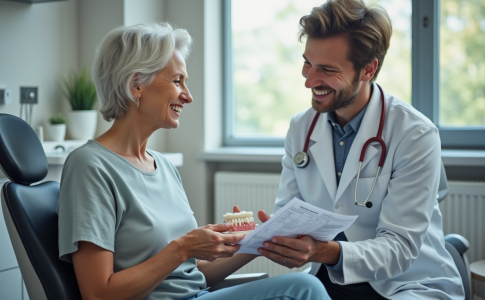 Femme souriante dans une clinique dentaire moderne avec un implant
