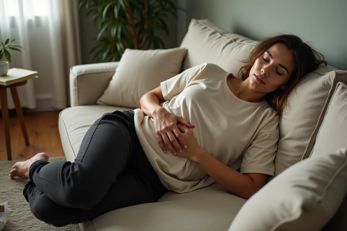 Jeune femme allongée sur un canapé tenant son ventre, représentant la douleur abdominale liée aux kystes ovariens dans un cadre quotidien