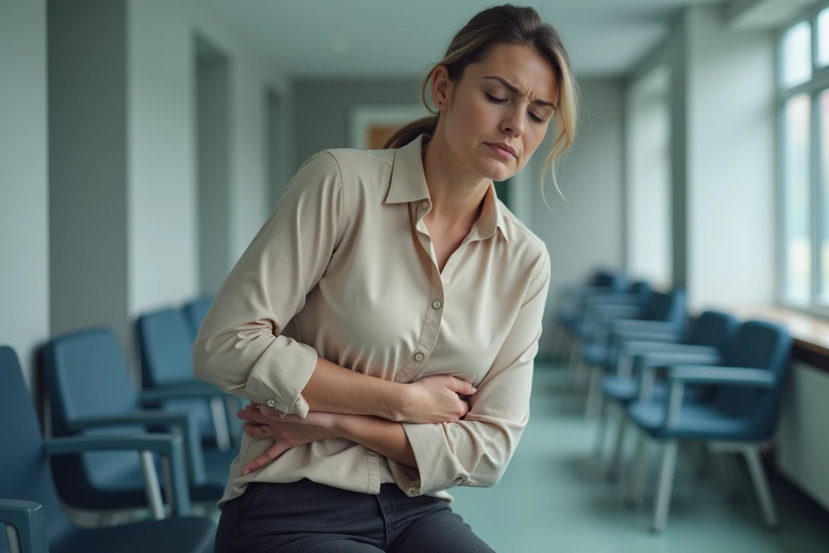 Femme dans une salle d'attente des urgences tenant son flanc droit sous les côtes avec une expression inquiète, contexte médical réaliste