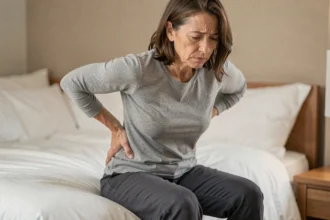 Femme adulte assise sur le bord d'un lit, les mains dans le bas du dos, exprimant une douleur lombaire liée à la constipation