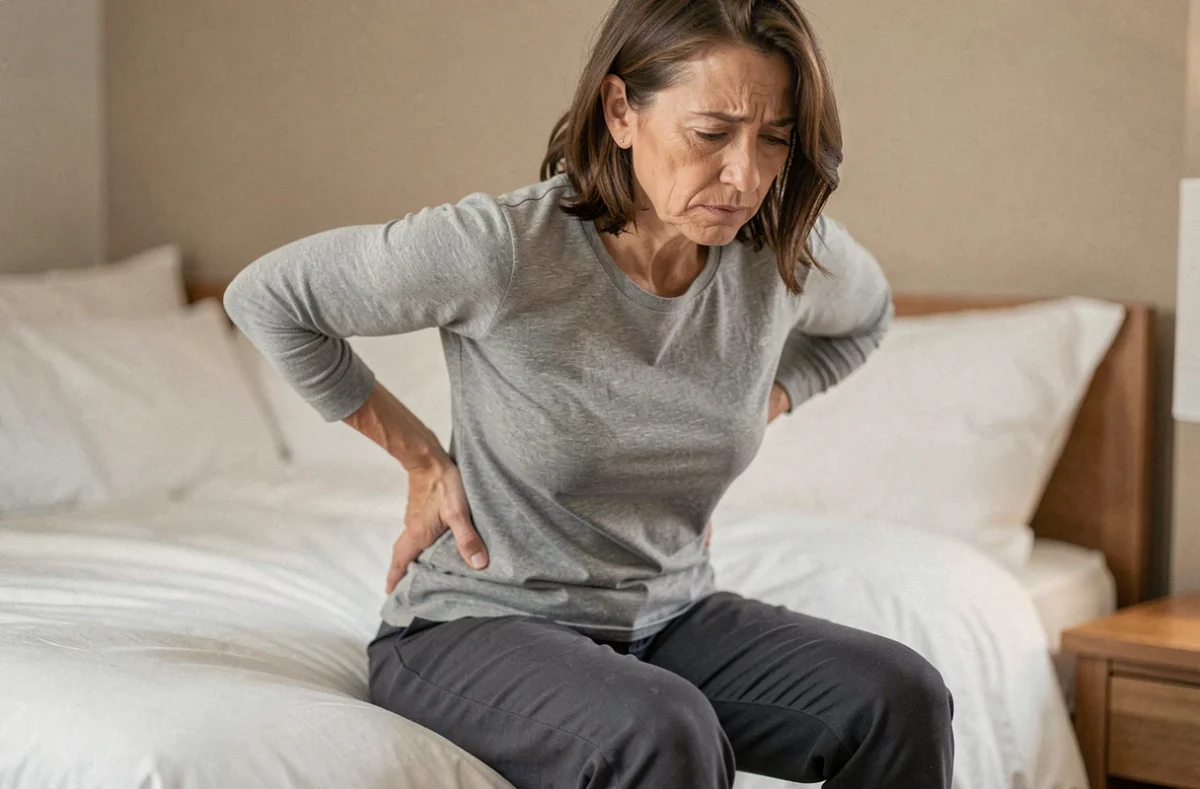 Femme adulte assise sur le bord d'un lit, les mains dans le bas du dos, exprimant une douleur lombaire liée à la constipation