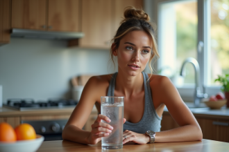 Femme en cuisine regardant un verre d'eau pensivement