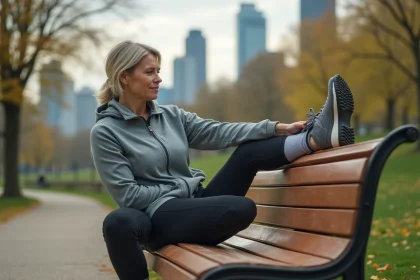 Femme en leggings étire sa jambe dans un parc urbain