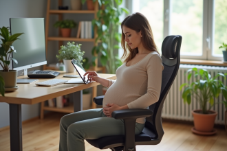 Femme enceinte assise au bureau dans un espace moderne