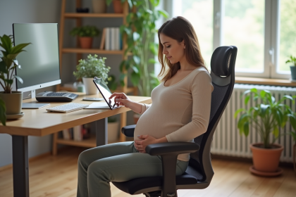 Femme enceinte assise au bureau dans un espace moderne