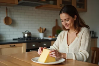 Femme enceinte souriante tenant parmesan dans cuisine chaleureuse