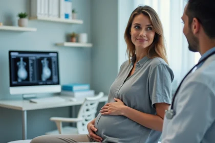 Femme enceinte en consultation obstétricale discutant de résultats d'analyses urinaires avec son médecin