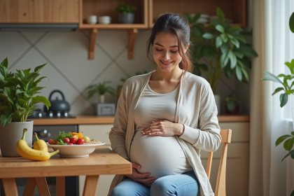 Femme enceinte souriante préparant des fruits dans la cuisine