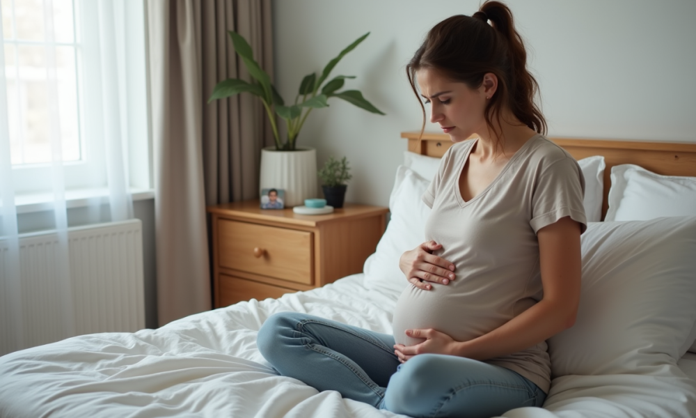 Femme enceinte assise pensivement dans sa chambre