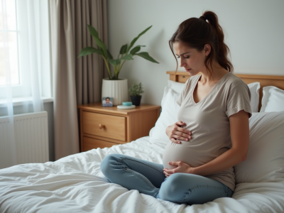 Femme enceinte assise pensivement dans sa chambre