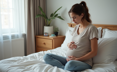 Femme enceinte assise pensivement dans sa chambre