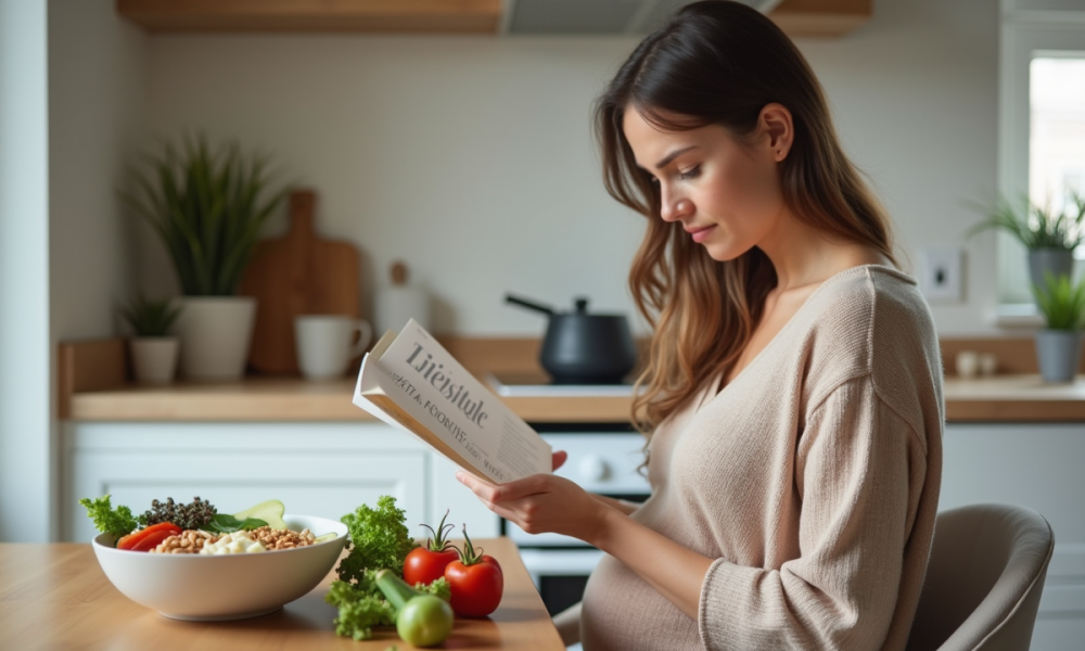 Femme enceinte lisant un guide nutritionnel à la maison