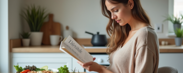 Femme enceinte lisant un guide nutritionnel à la maison