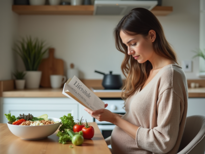 Femme enceinte lisant un guide nutritionnel à la maison