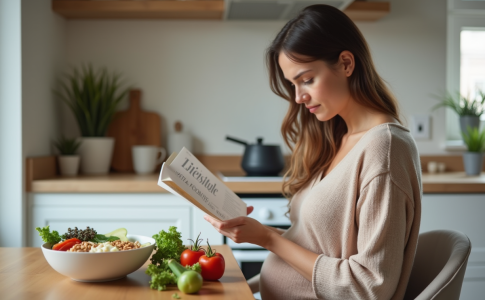 Femme enceinte lisant un guide nutritionnel à la maison