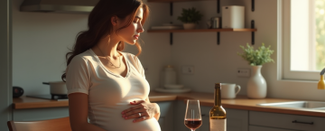 Femme enceinte assise à la cuisine contemplant un verre de vin