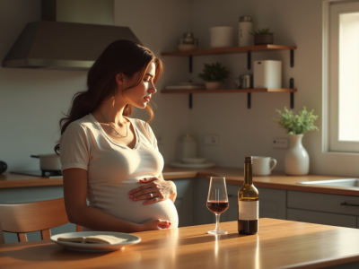 Femme enceinte assise à la cuisine contemplant un verre de vin