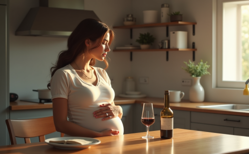 Femme enceinte assise à la cuisine contemplant un verre de vin
