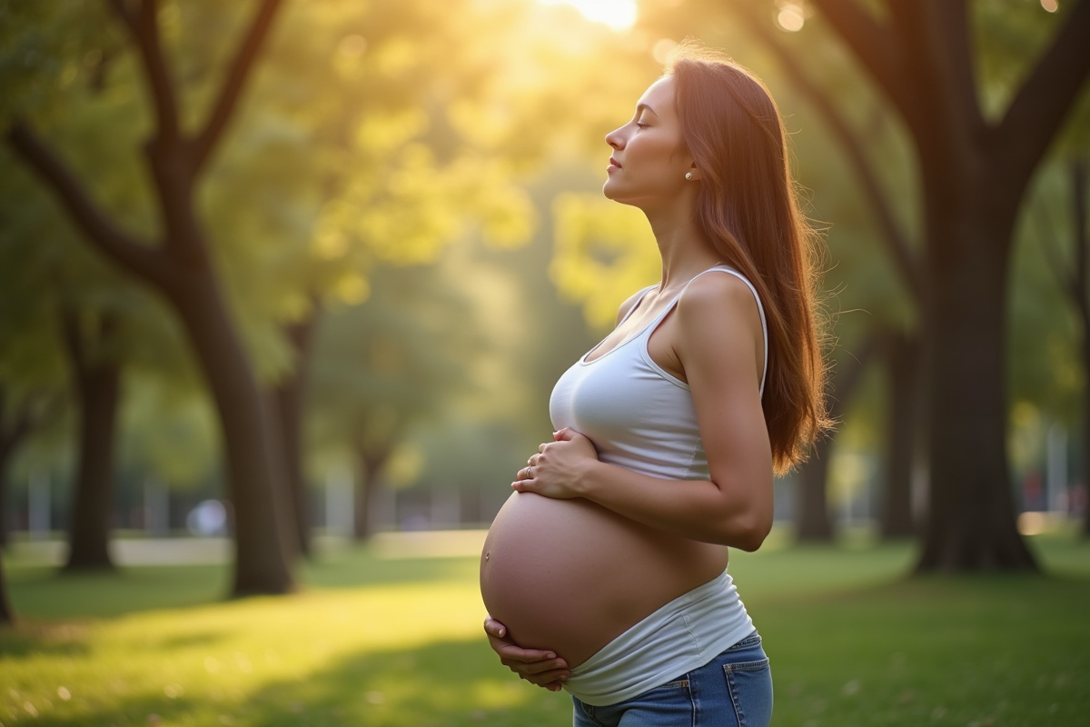 Femme enceinte pratiquant la respiration dans un parc
