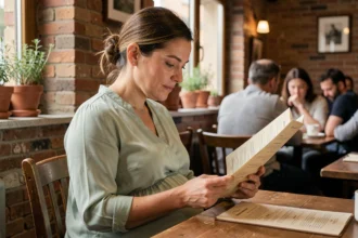 Femme enceinte au restaurant lisant attentivement le menu avant de choisir sa pizza
