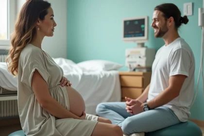 Femme enceinte assise sur ballon avec partenaire dans salle hospital