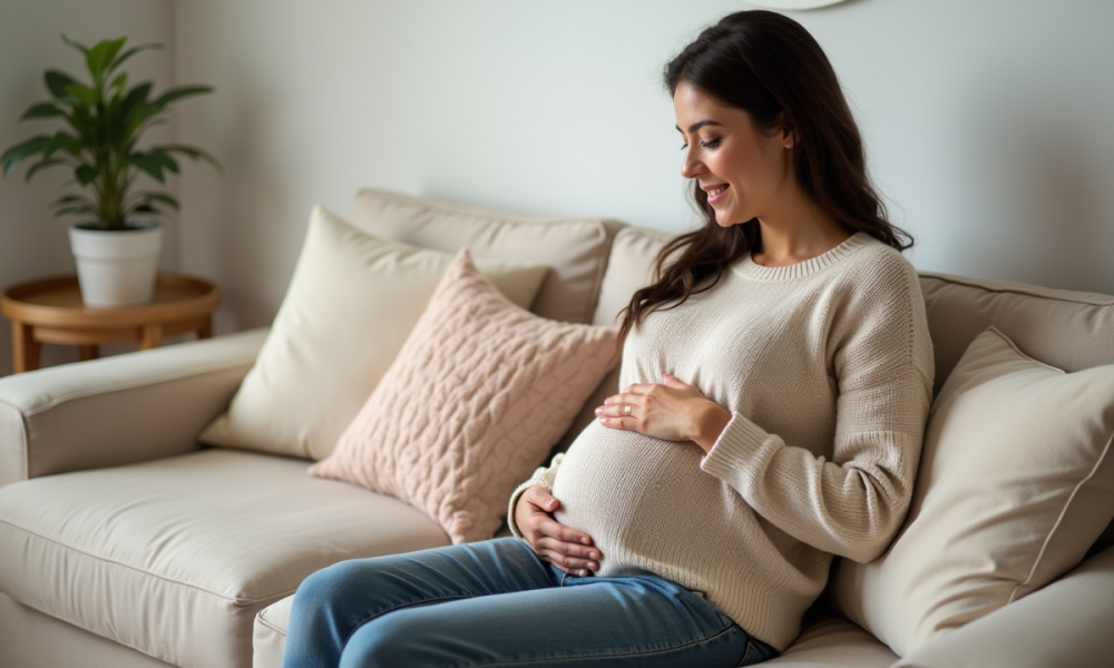 Femme enceinte souriante dans son salon cosy