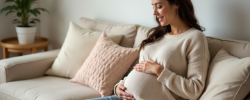 Femme enceinte souriante dans son salon cosy