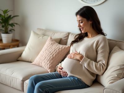 Femme enceinte souriante dans son salon cosy