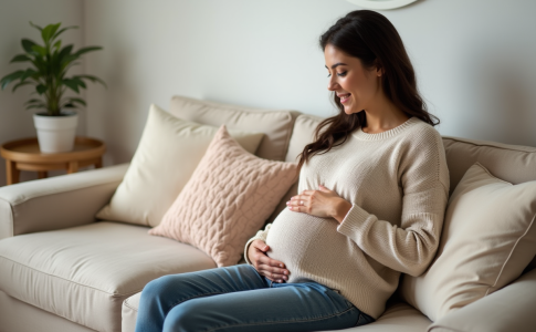 Femme enceinte souriante dans son salon cosy