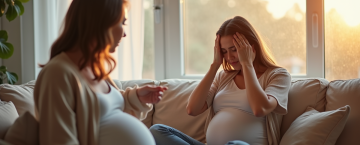 Femme enceinte stressée sur un canapé lumineux