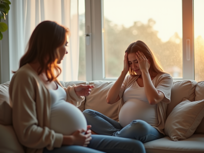 Femme enceinte stressée sur un canapé lumineux