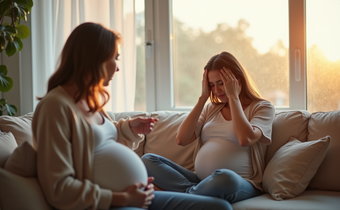 Femme enceinte stressée sur un canapé lumineux