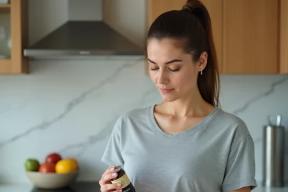 Femme examinant un complément minceur IT Works dans une cuisine moderne, expression sceptique face au produit
