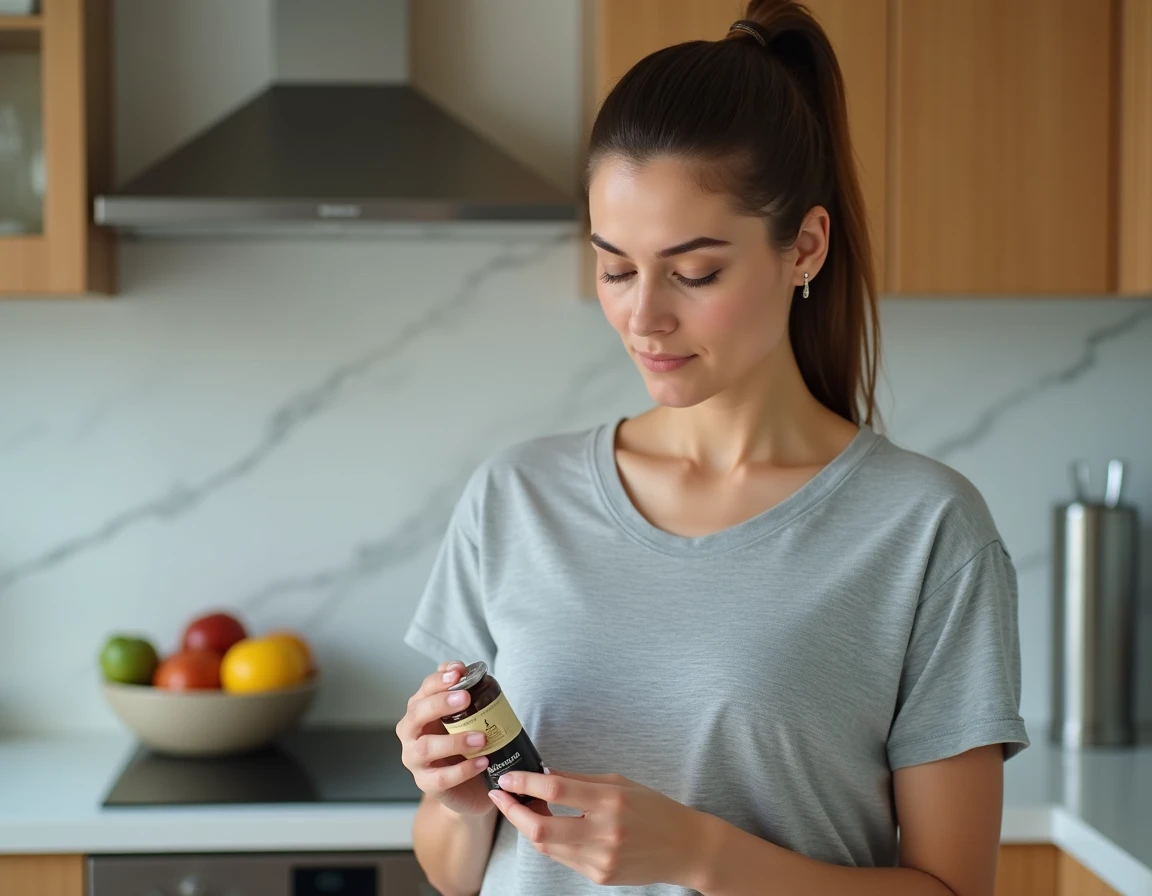 Femme examinant un complément minceur IT Works dans une cuisine moderne, expression sceptique face au produit