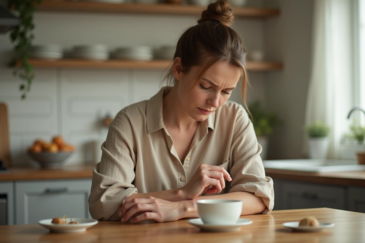 Femme d'âge moyen se grattant la main gauche à la maison, signe possible d'une irritation cutanée ou d'une cause médicale