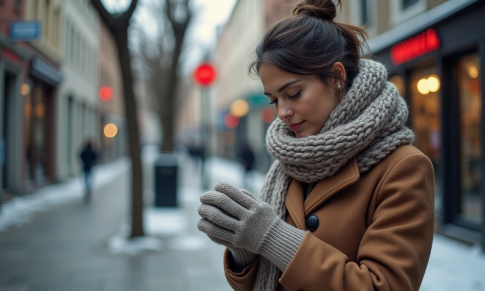 Femme en manteau d'hiver et écharpe dans la ville