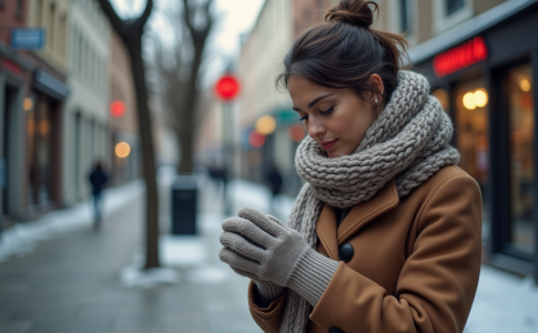 Femme en manteau d'hiver et écharpe dans la ville