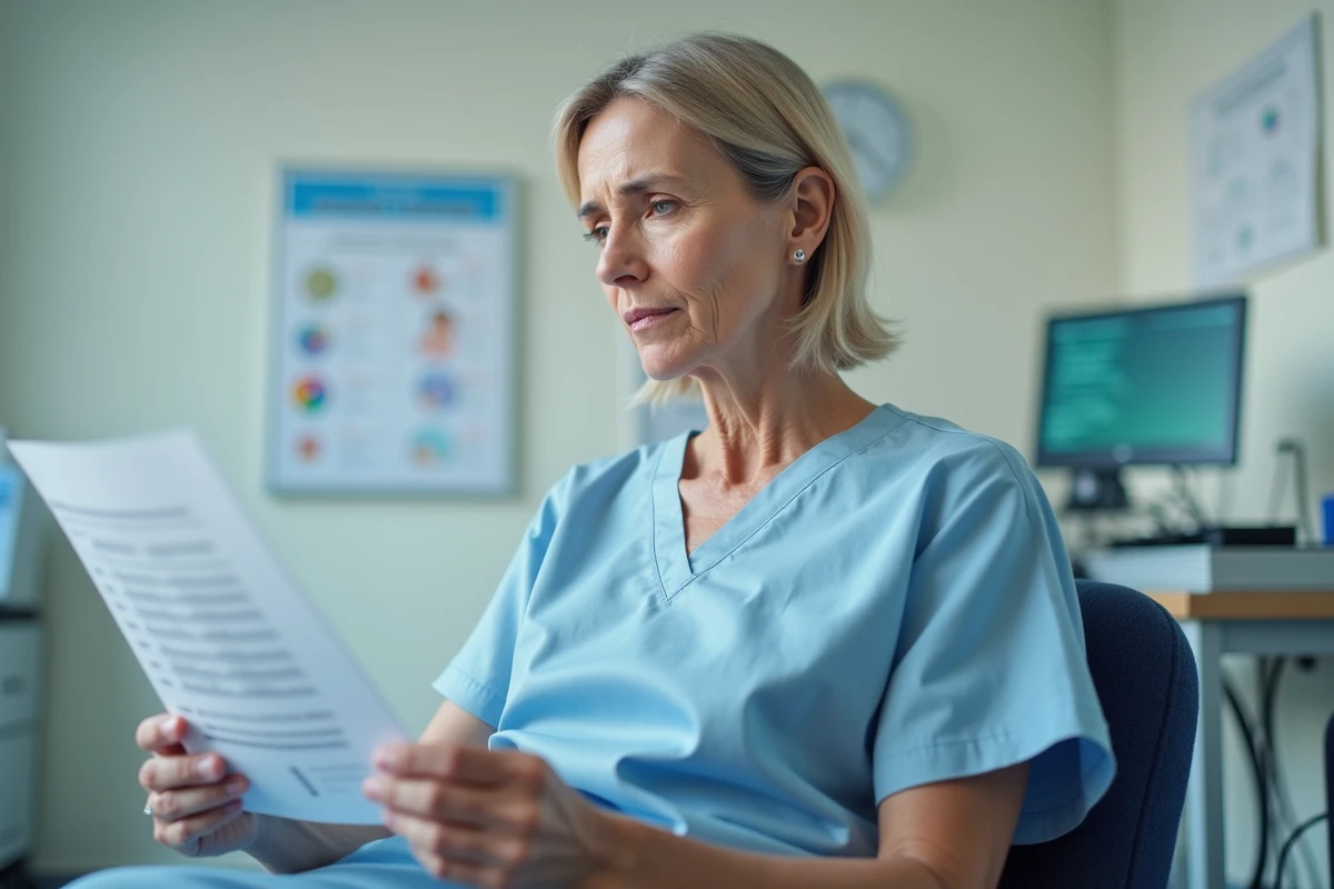 Femme en blouse d'hôpital lisant un rapport médical