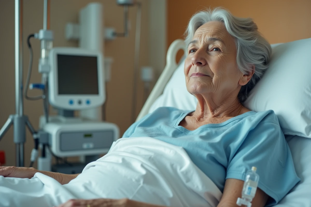 Femme hospitalisée sous perfusion intraveineuse pour hypokaliémie dans une chambre d'hôpital