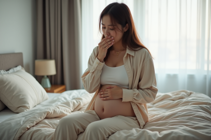 Femme assise sur le lit avec inconfort et souci