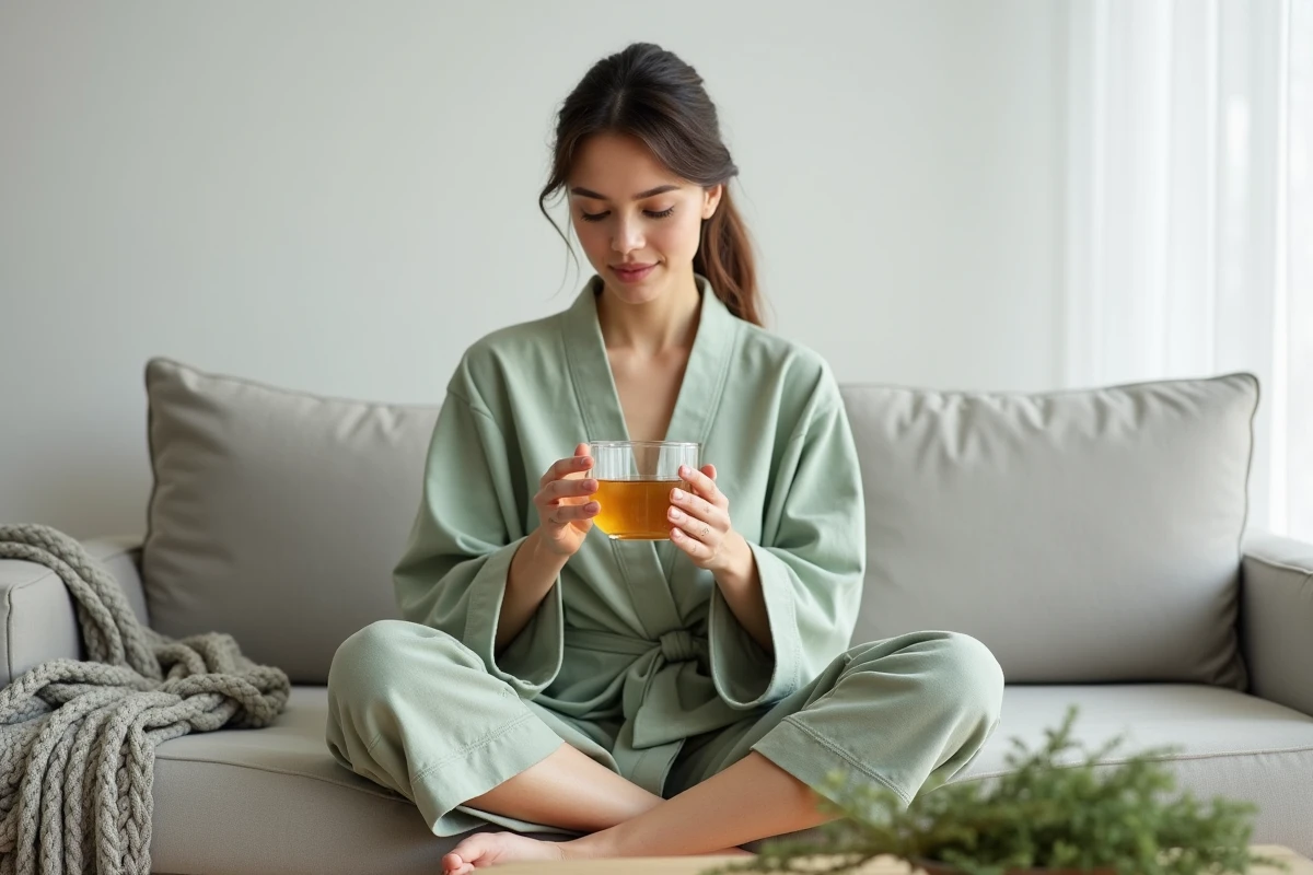 Jeune femme en robe de lin tenant une tasse de thé au thym dans un salon minimaliste scandinave