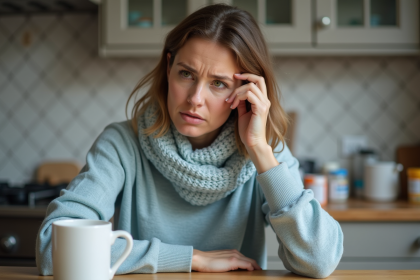 Femme préoccupée assise à la cuisine avec médicaments